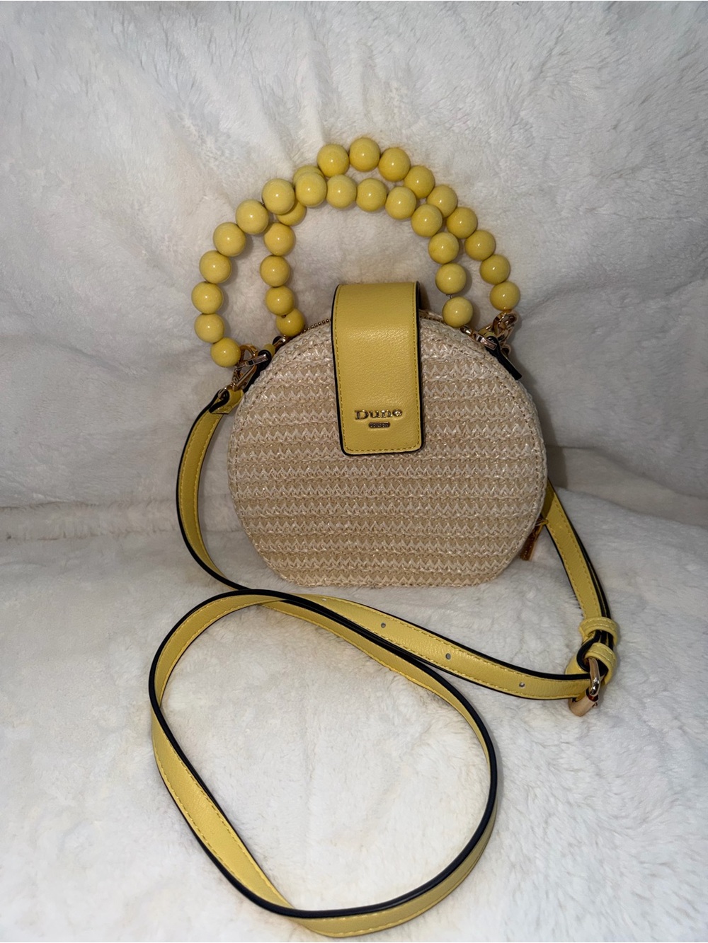 Dune London Yellow Beaded Handle Round Straw Mini Crossbody